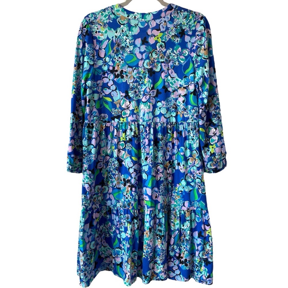 đź’™Lilly Pulitzer Alaina 3/4 Sleeve Tiered Swing Dress Blue Grotto Twilight Tropic - Picture 14 of 15